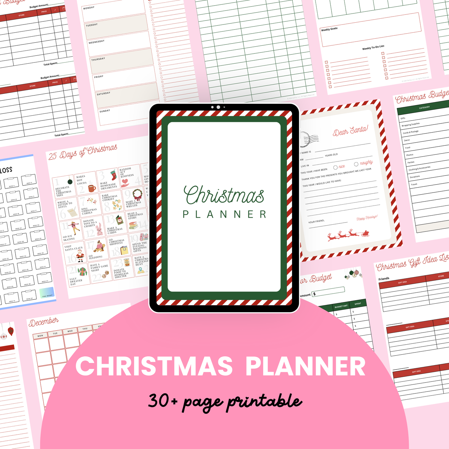 Flat lay of Printable Christmas Planner pages featuring gift lists, budgeting sheets, and festive countdowns designed to help organize the holiday season.