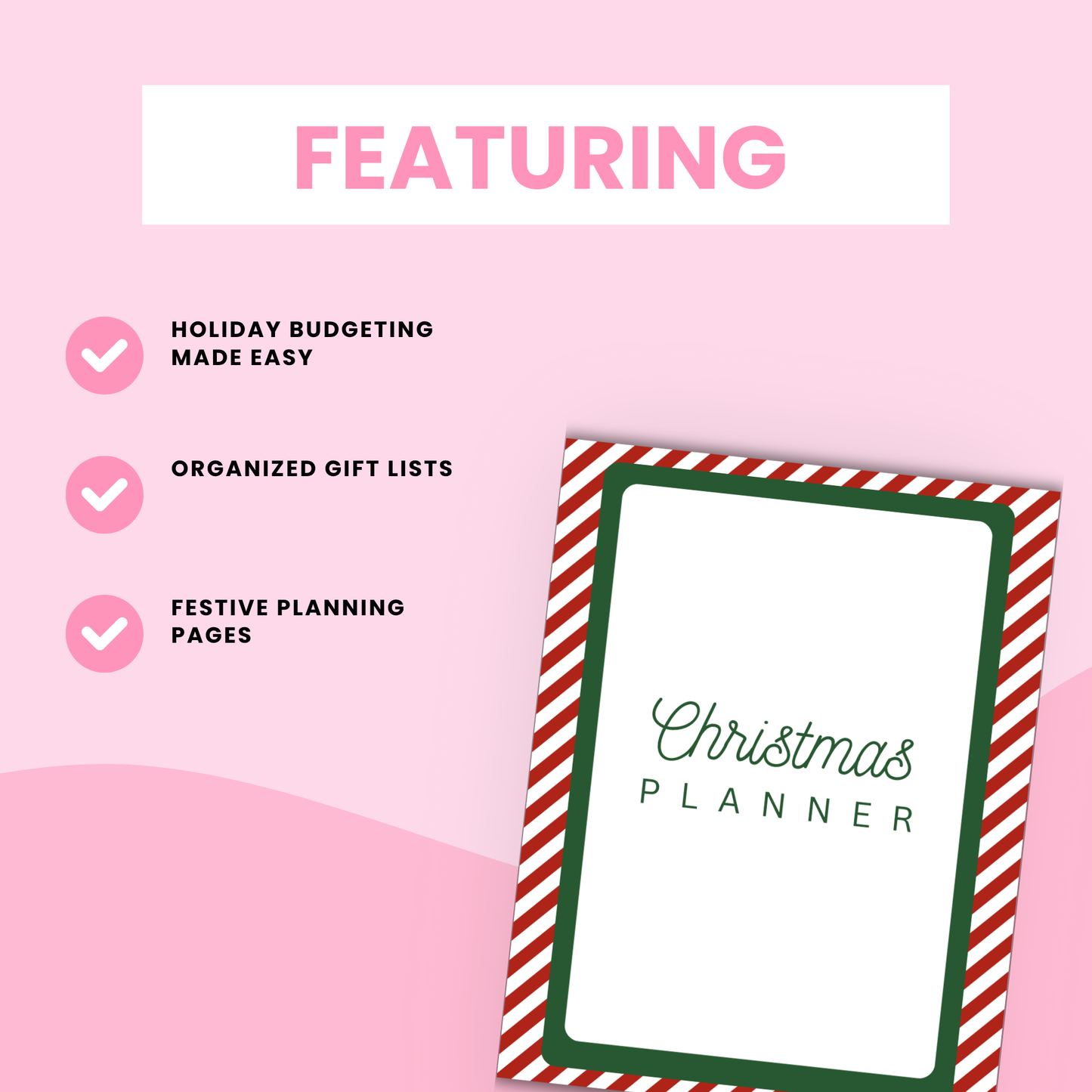 Close-up of Christmas Planner worksheets including a holiday to-do list, menu planner, and stocking stuffer checklist, styled with cozy seasonal decor.
