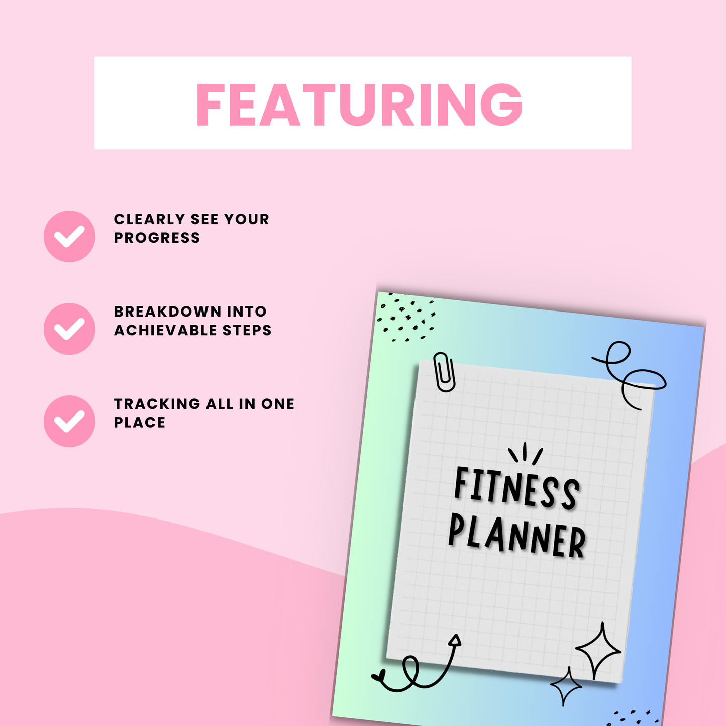 Printable fitness journal and goal tracker with 28 planner pages for healthy living, workouts, and meal planning.