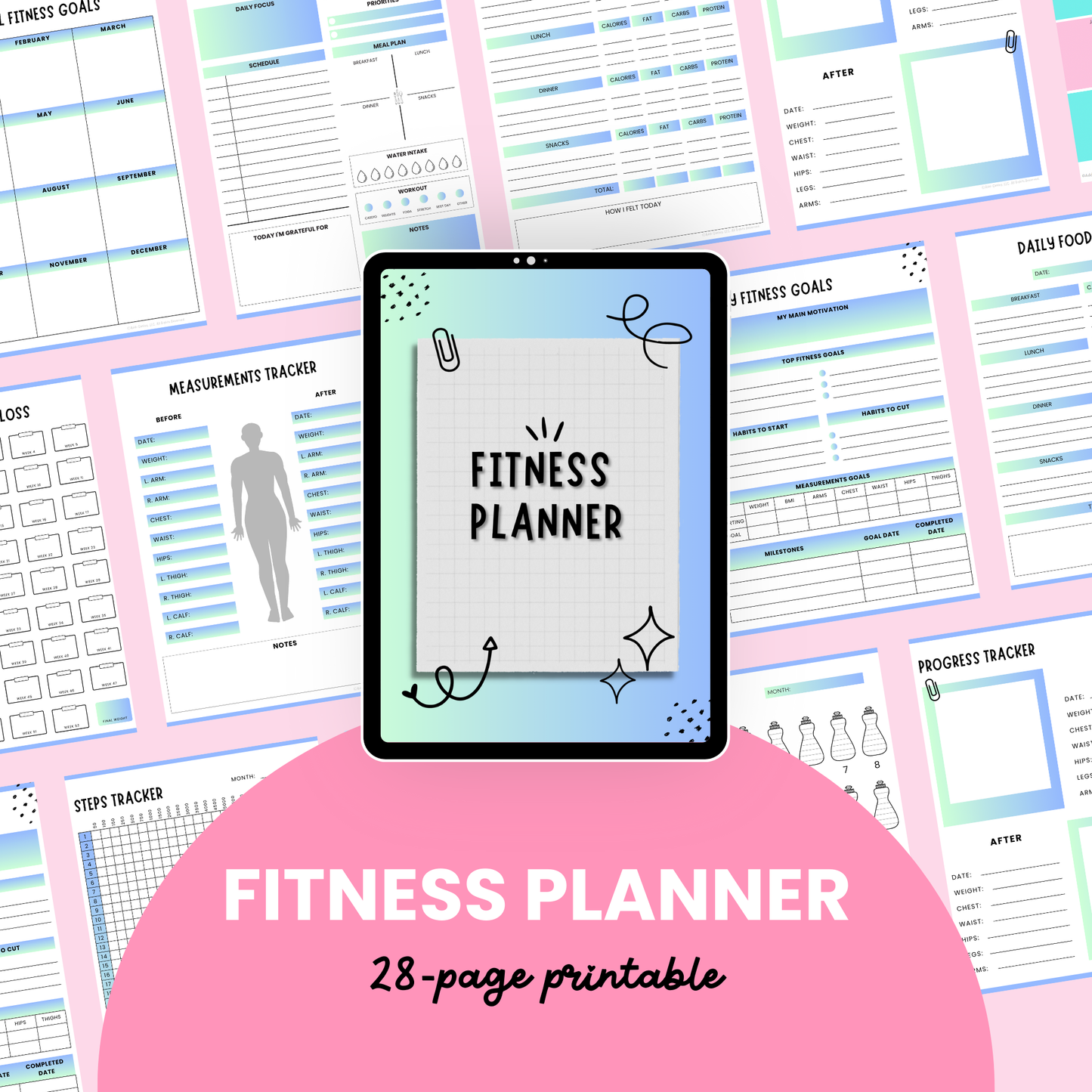 Printable fitness journal and goal tracker with 28 planner pages for healthy living, workouts, and meal planning.