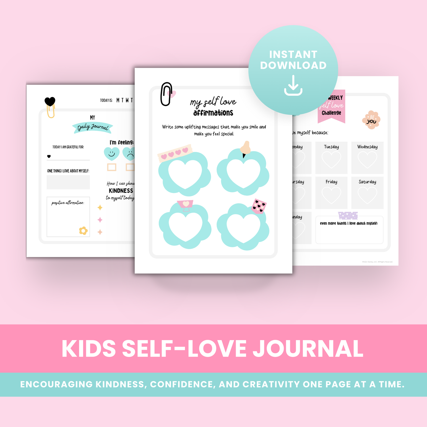 Printable Kids Self-Love Journal with colorful pages for confidence, kindness, and mindfulness activities
