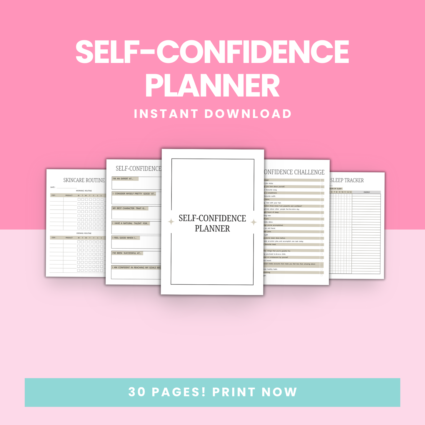 Printable Self-confidence planner: Stay positive & motivated through gratitude, affirmations, and happiness lists.