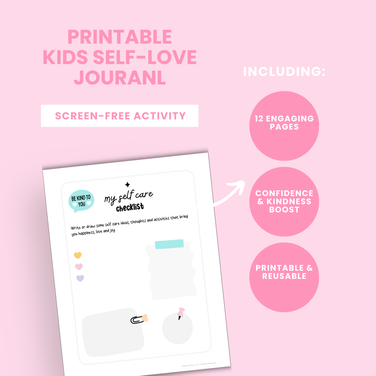 Children’s self-love journal PDF including affirmations, vision board, self-care checklist, and daily prompts