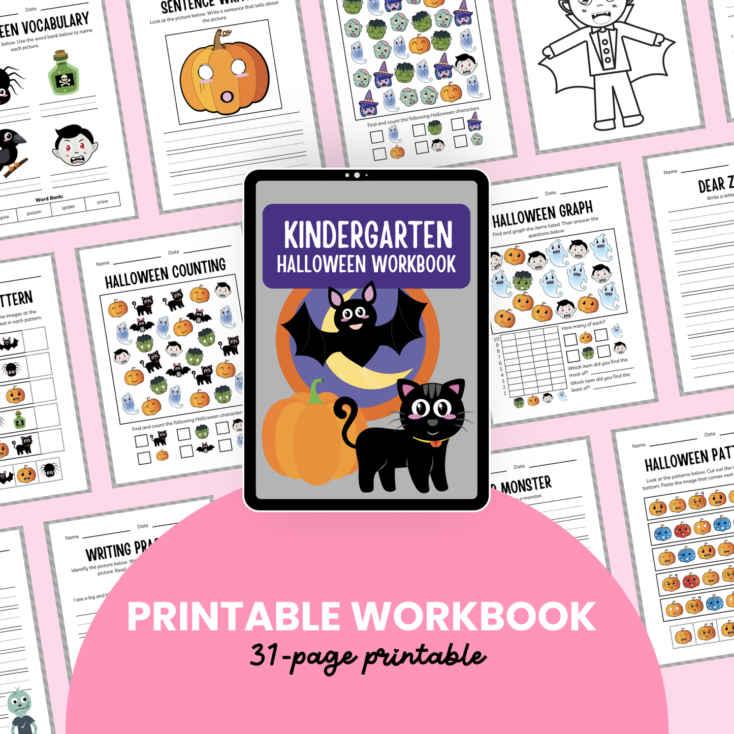 Printable Kindergarten Halloween Workbook – 31 fun educational pages for kids