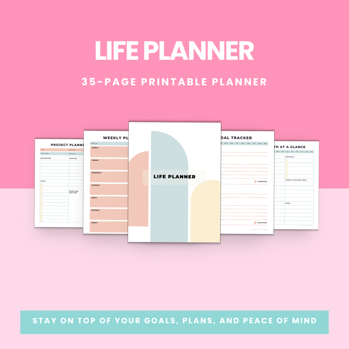 Printable Life Planner PDF with 35 pages for goal setting, budgeting, and weekly planning