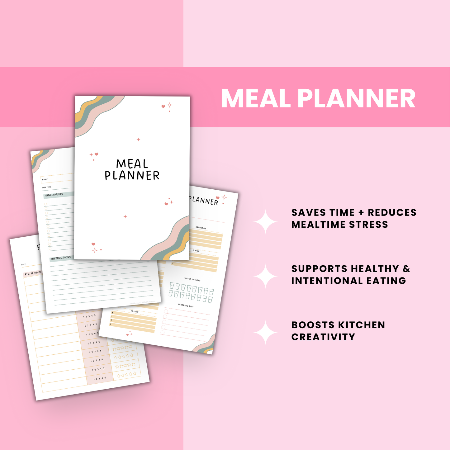 Meal Planner Template with weekly and daily meal planning pages, grocery lists, recipe cards, and a food inventory tracker — perfect for organizing your weekly dinner menu and meal prepping