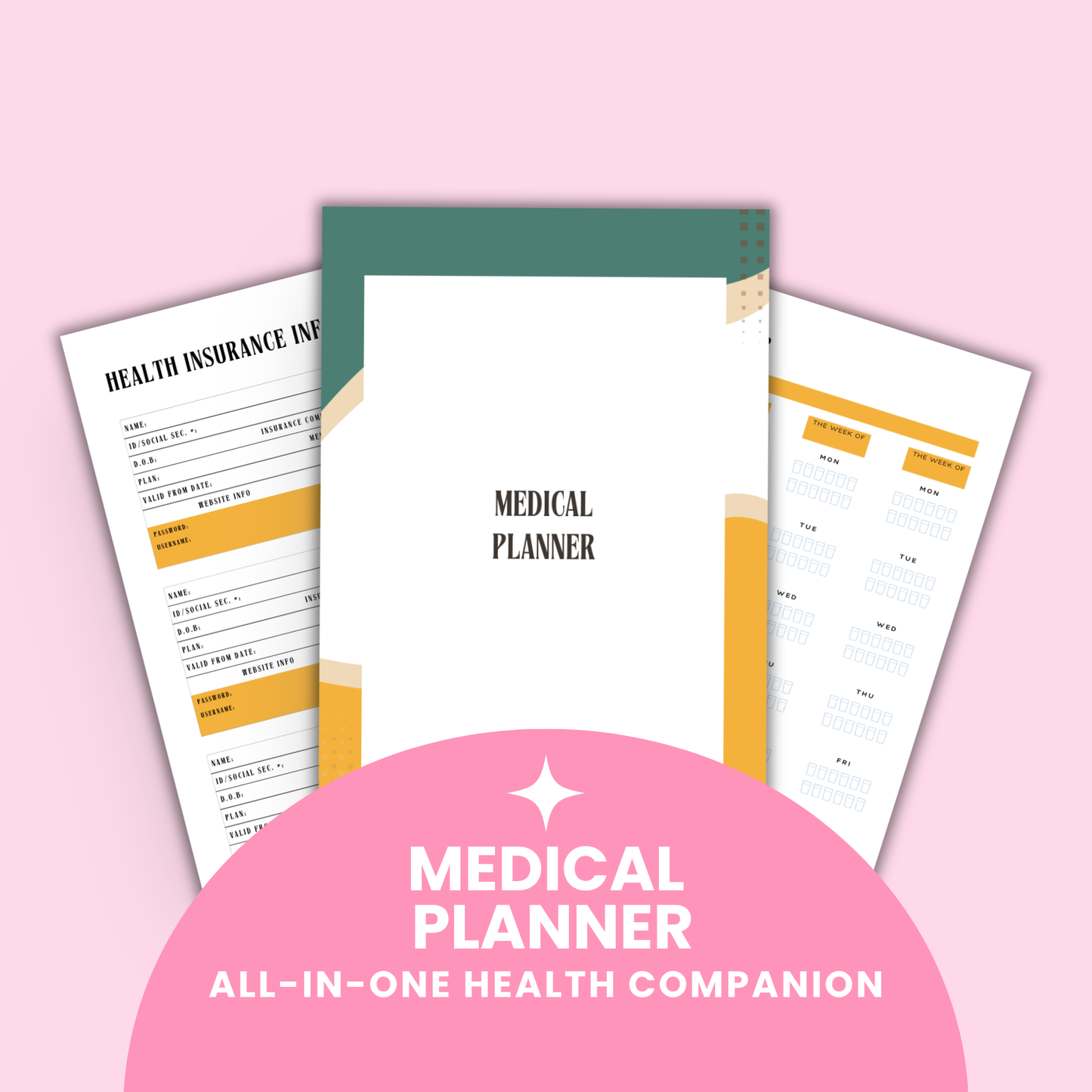 Cover and sample pages from the Printable Medical Planner, including trackers for medications, doctor visits, medical history, appointments, expenses, and wellness goals. Designed to help users stay organized and take control of their health.