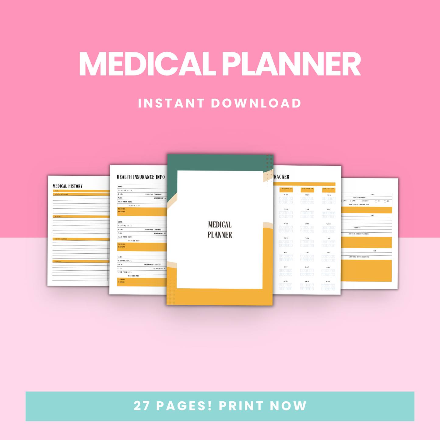 Cover and sample pages from the Printable Medical Planner, including trackers for medications, doctor visits, medical history, appointments, expenses, and wellness goals. Designed to help users stay organized and take control of their health.