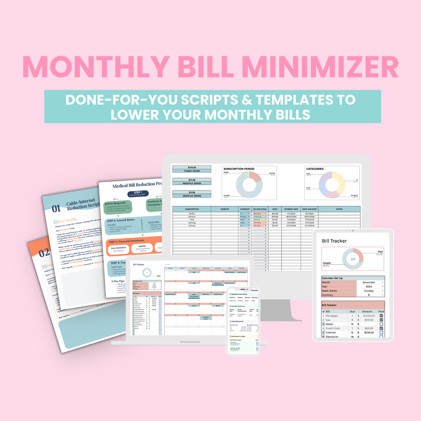 Monthly Bill Minimizer toolkit showing templates, spreadsheets and scripts on multiple devices