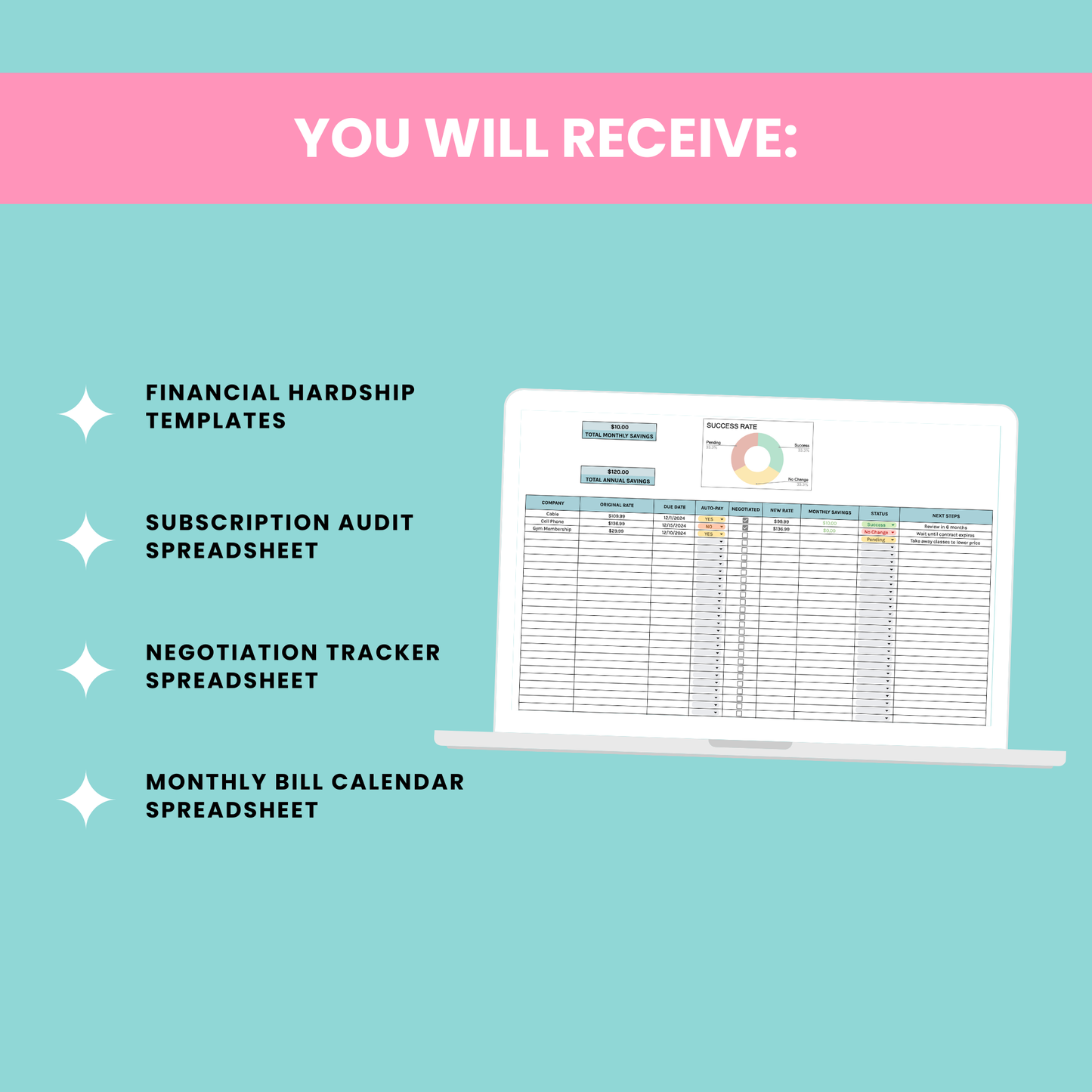 Monthly Bill Minimizer features including script templates, tracking spreadsheets, and financial tools