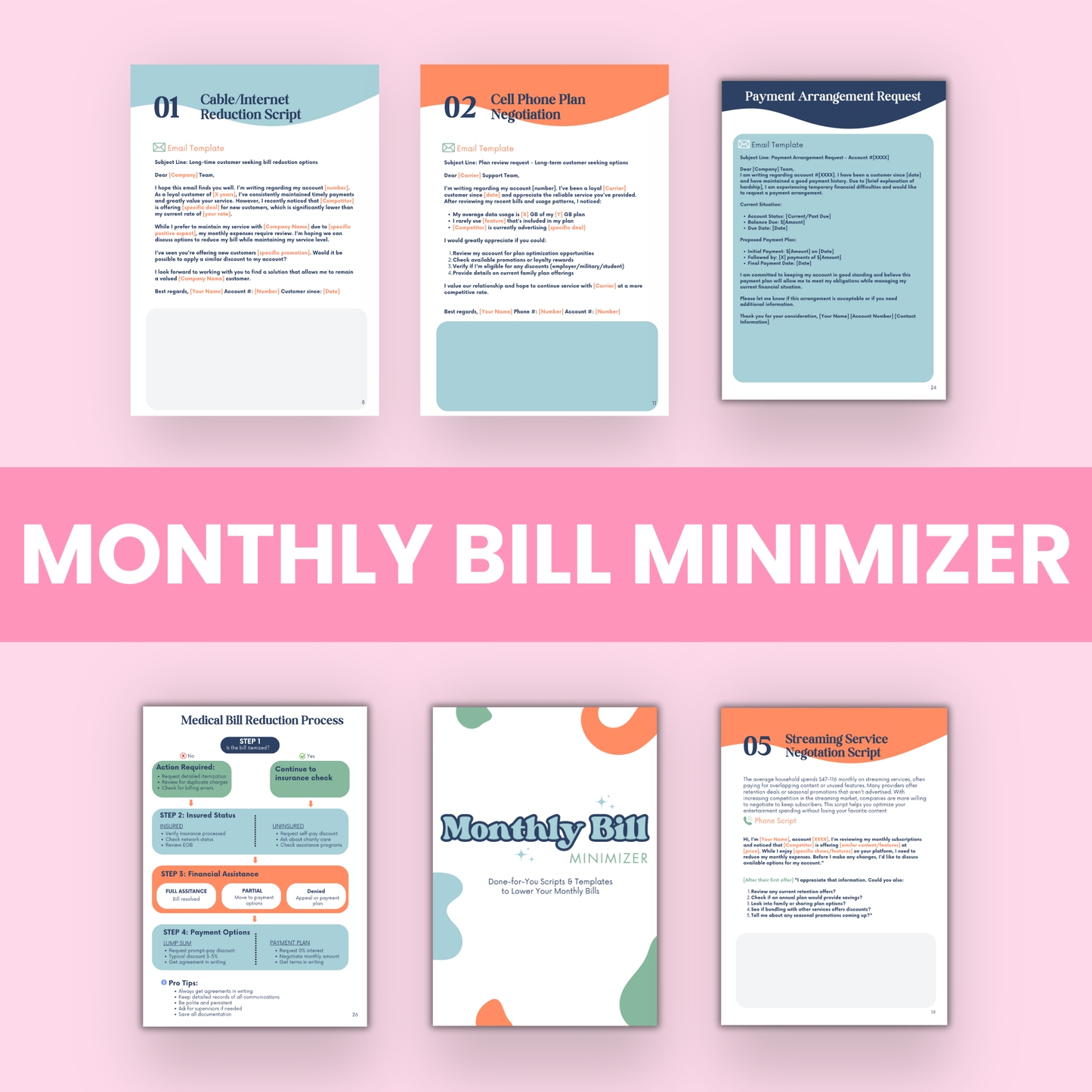 Monthly Bill Minimizer features including script templates, tracking spreadsheets, and financial tools