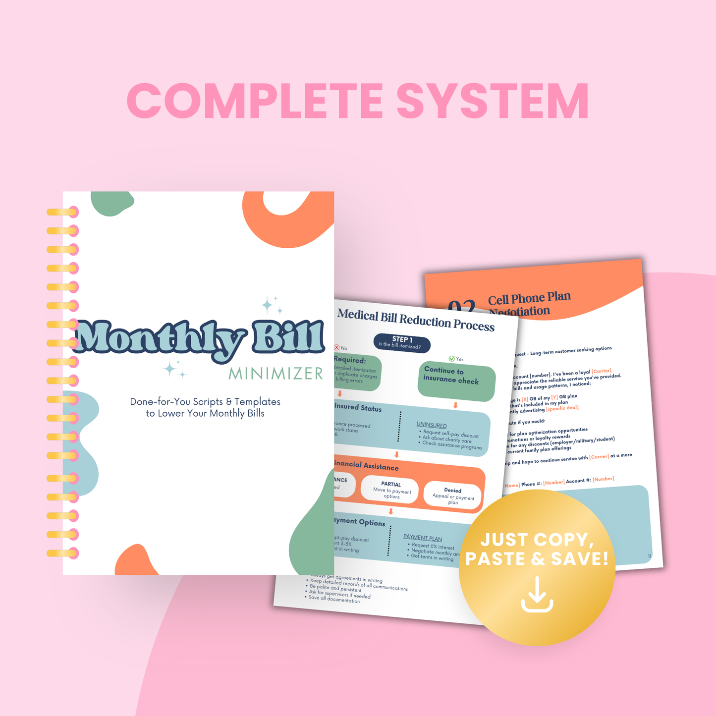 Monthly Bill Minimizer features including script templates, tracking spreadsheets, and financial tools