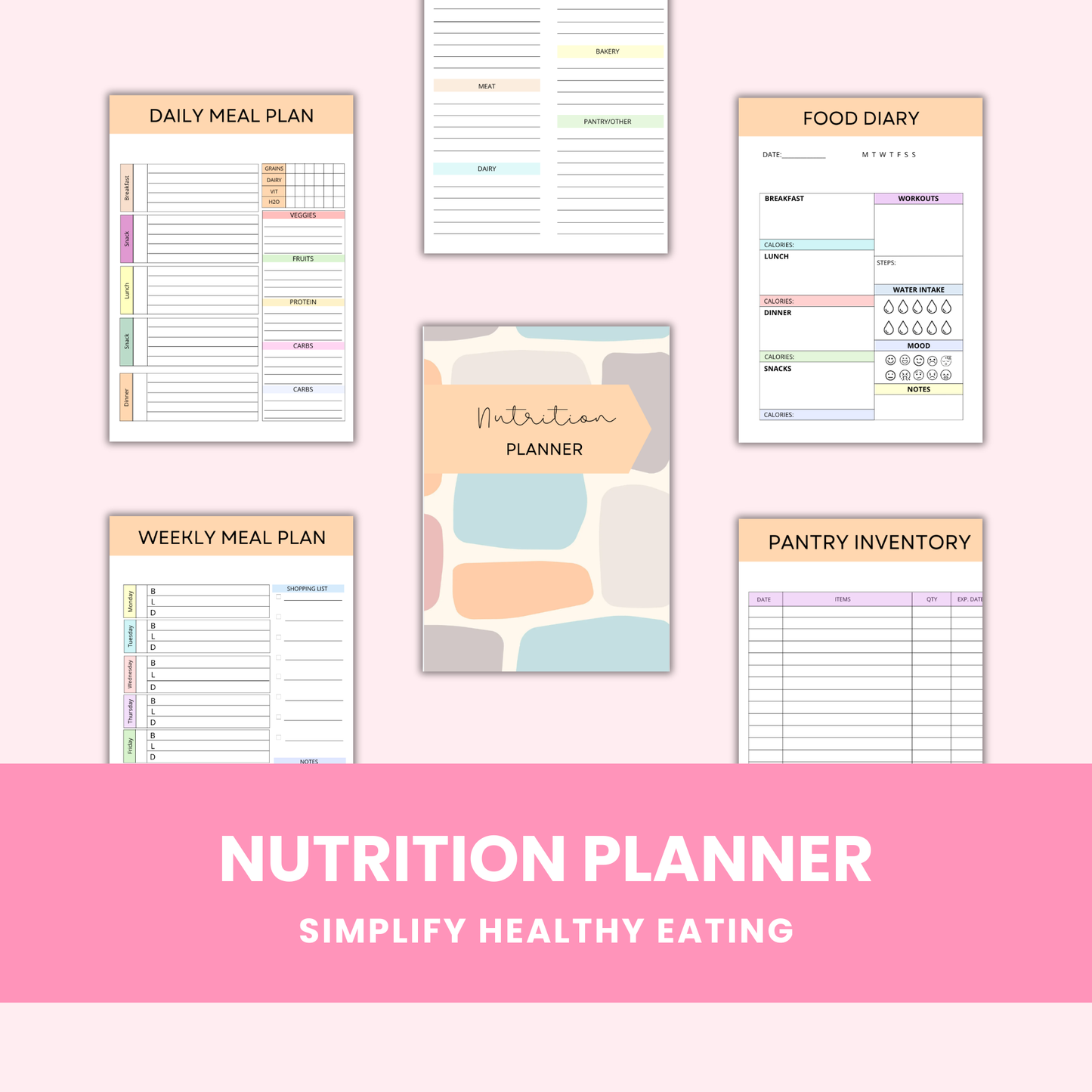 Comprehensive printable nutrition planner featuring goal-setting pages, food trackers and recipe organizers for complete meal planning system