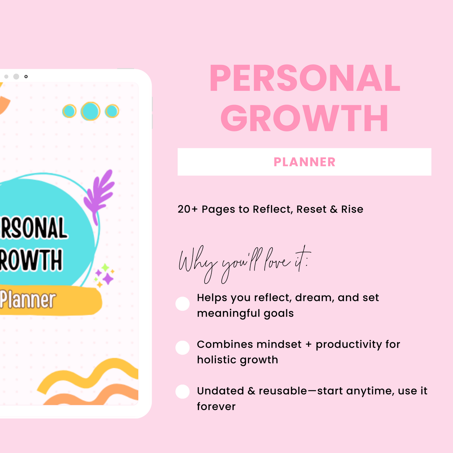Printable Personal Growth Planner bundle preview showing multiple inner pages and planning template