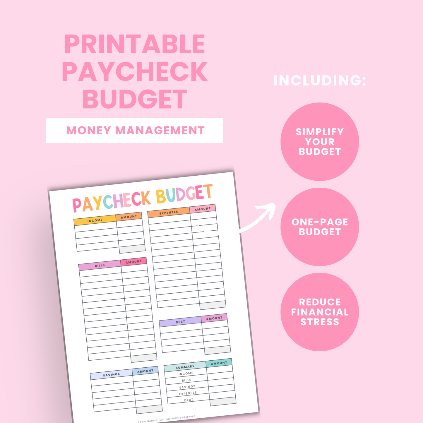 Colorful paycheck budget printable with pastel rainbow header and organized sections for income, expenses, bills, debt, savings, and summary. Features clean grid layout with amount columns for easy financial tracking