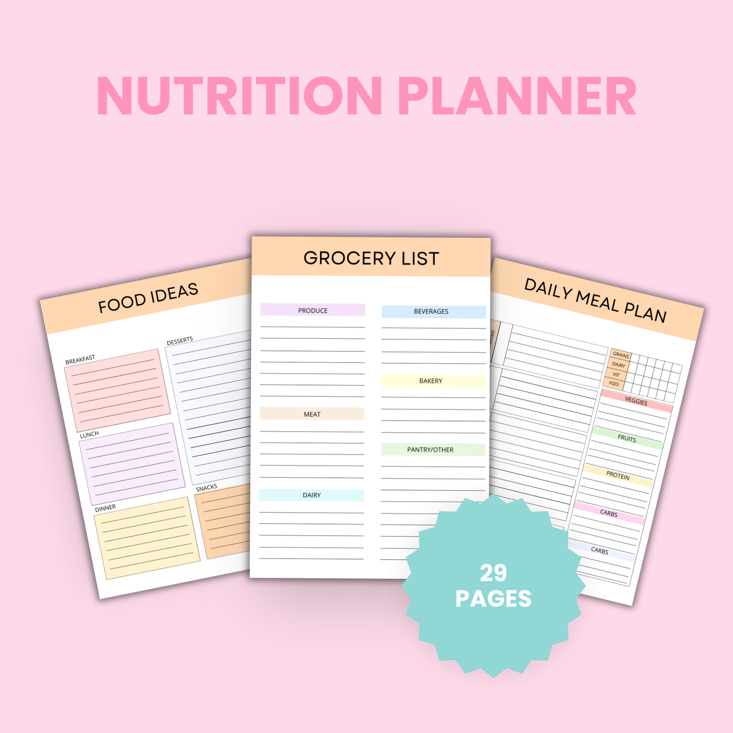 Comprehensive printable nutrition planner featuring goal-setting pages, food trackers and recipe organizers for complete meal planning system