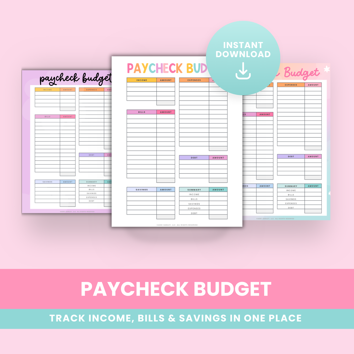 Colorful paycheck budget printable with pastel rainbow header and organized sections for income, expenses, bills, debt, savings, and summary. Features clean grid layout with amount columns for easy financial tracking