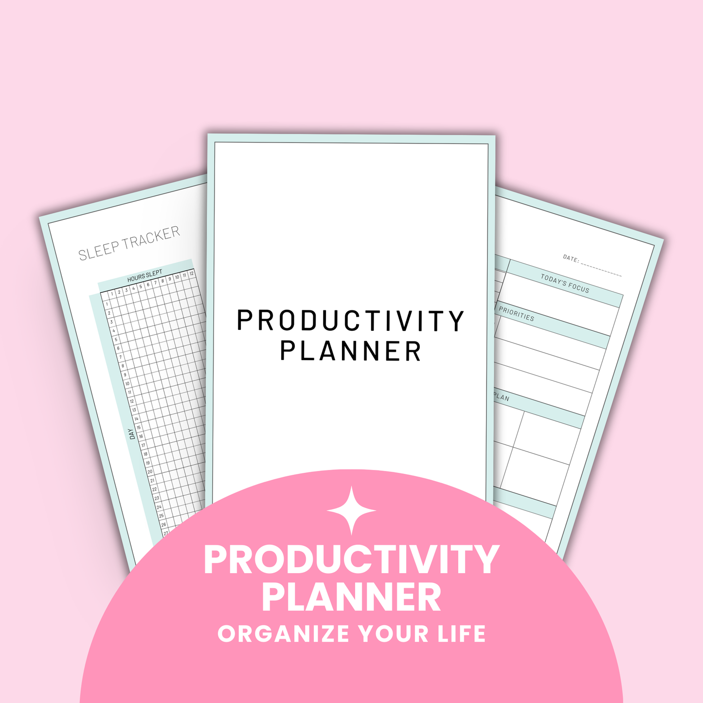 Comprehensive Productivity Planner featuring 50 printable pages including goal planners, habit trackers, meal planning templates, workout trackers, financial planning sheets, and gratitude journals designed as a complete system to organize your life and boost productivity.