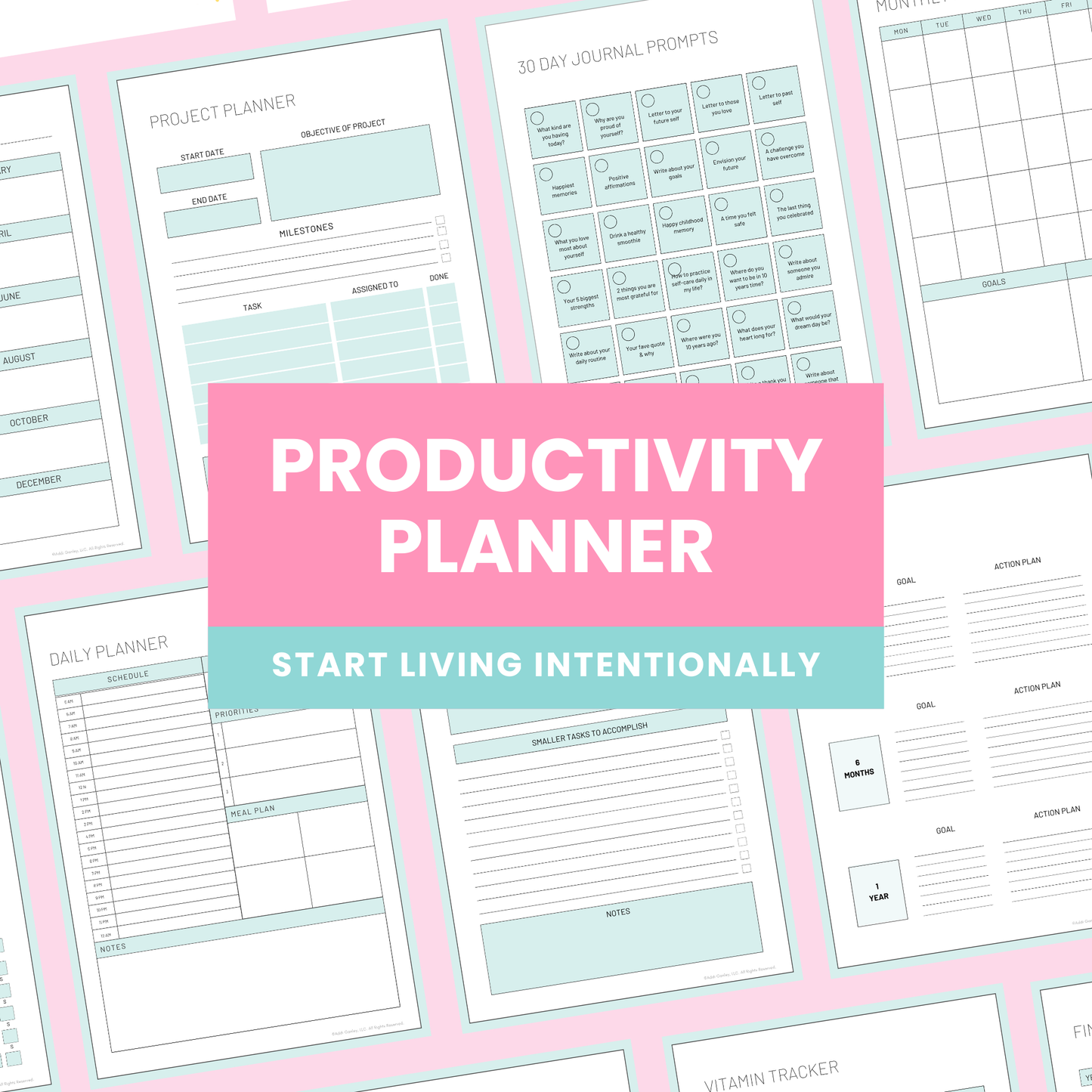 Comprehensive Productivity Planner featuring 50 printable pages including goal planners, habit trackers, meal planning templates, workout trackers, financial planning sheets, and gratitude journals designed as a complete system to organize your life and boost productivity.