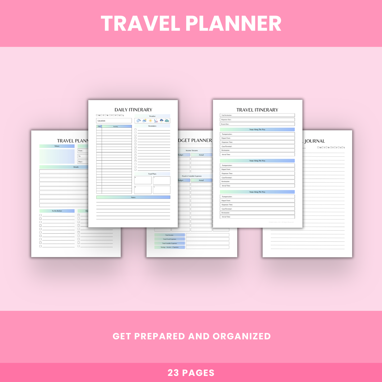 Get prepared and organized with our Printable Travel Journal. With 23 meticulously crafted pages, this journal is your essential companion for planning, tracking, and documenting your travels.