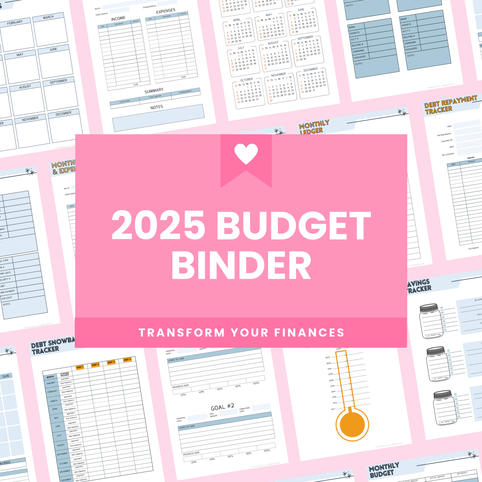 Comprehensive 2025 Budget Planner kit featuring financial trackers, goal sheets, and monthly planning templates