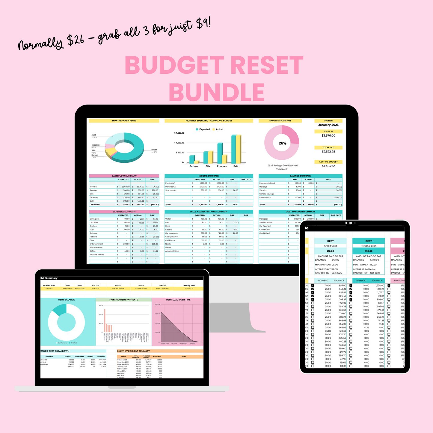 The Budget Reset Bundle includes 3 powerful, easy-to-use spreadsheets designed to help you manage your money with confidence — no complicated tools or financial jargon required.