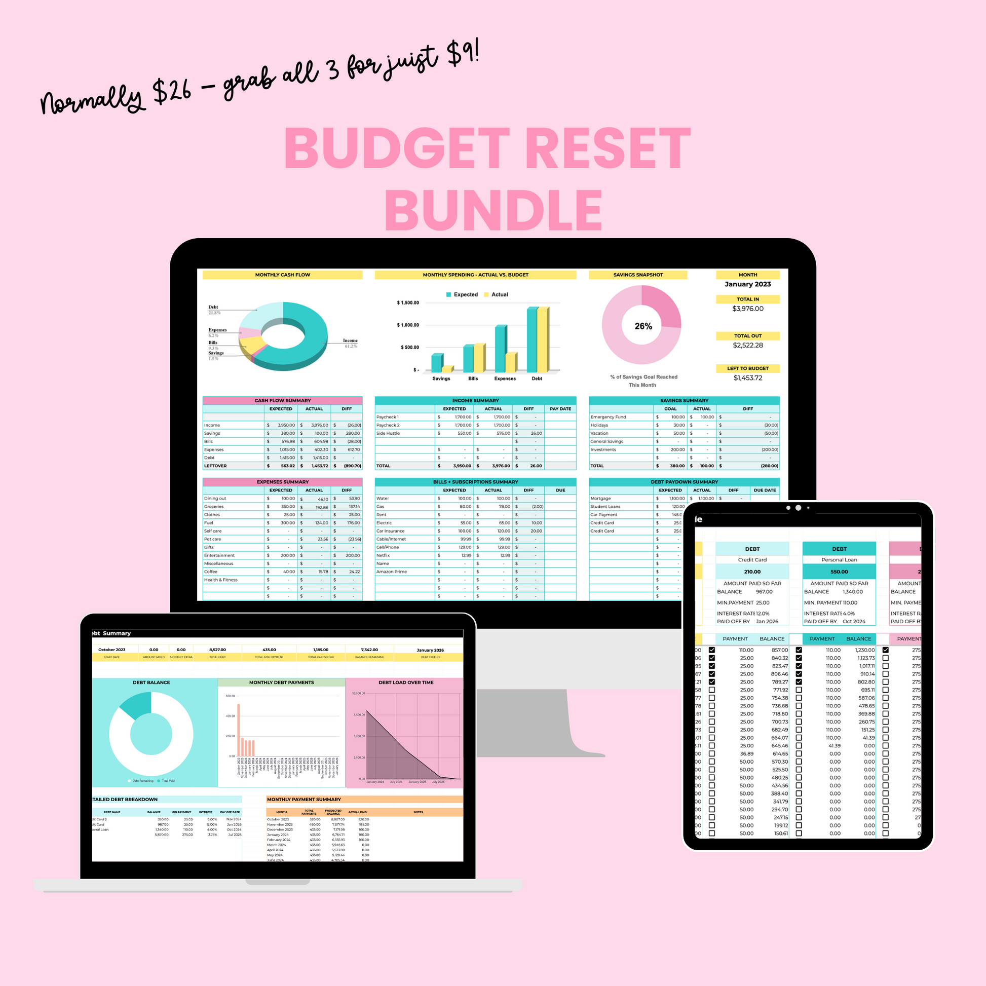 The Budget Reset Bundle includes 3 powerful, easy-to-use spreadsheets designed to help you manage your money with confidence — no complicated tools or financial jargon required.