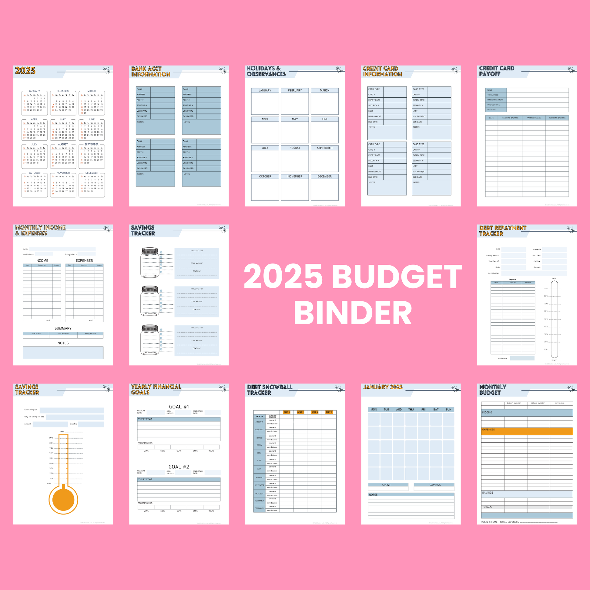 Comprehensive 2025 Budget Planner kit featuring financial trackers, goal sheets, and monthly planning templates.
