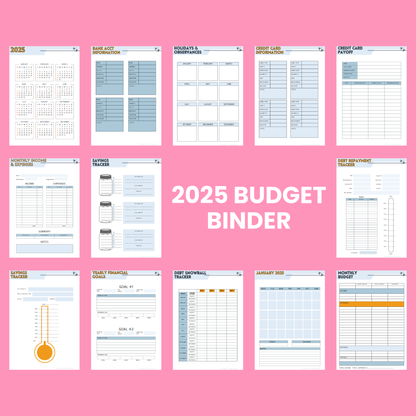 Comprehensive 2025 Budget Planner kit featuring financial trackers, goal sheets, and monthly planning templates.