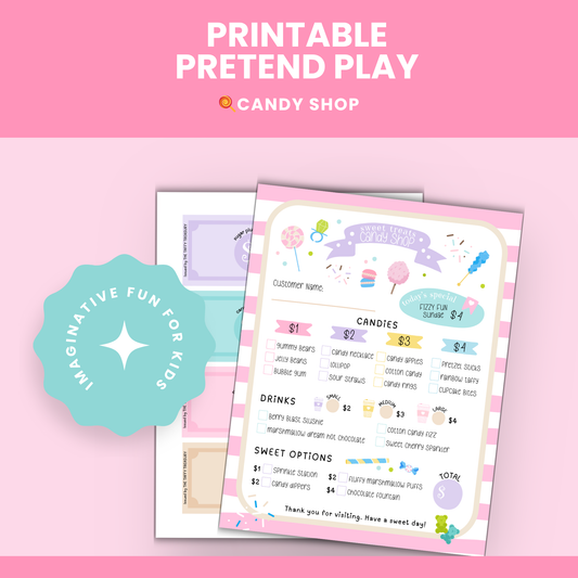 Printable pretend play money for kids featuring pastel bills and coins from The Taffy Treasury with fun names like sugar plum dollar and fruity cents