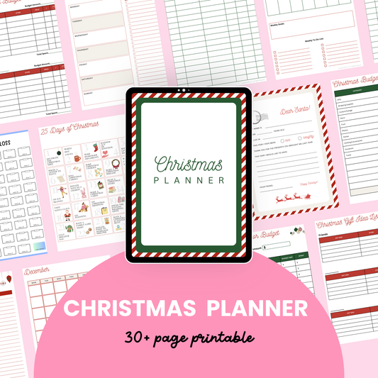 Flat lay of Printable Christmas Planner pages featuring gift lists, budgeting sheets, and festive countdowns designed to help organize the holiday season.