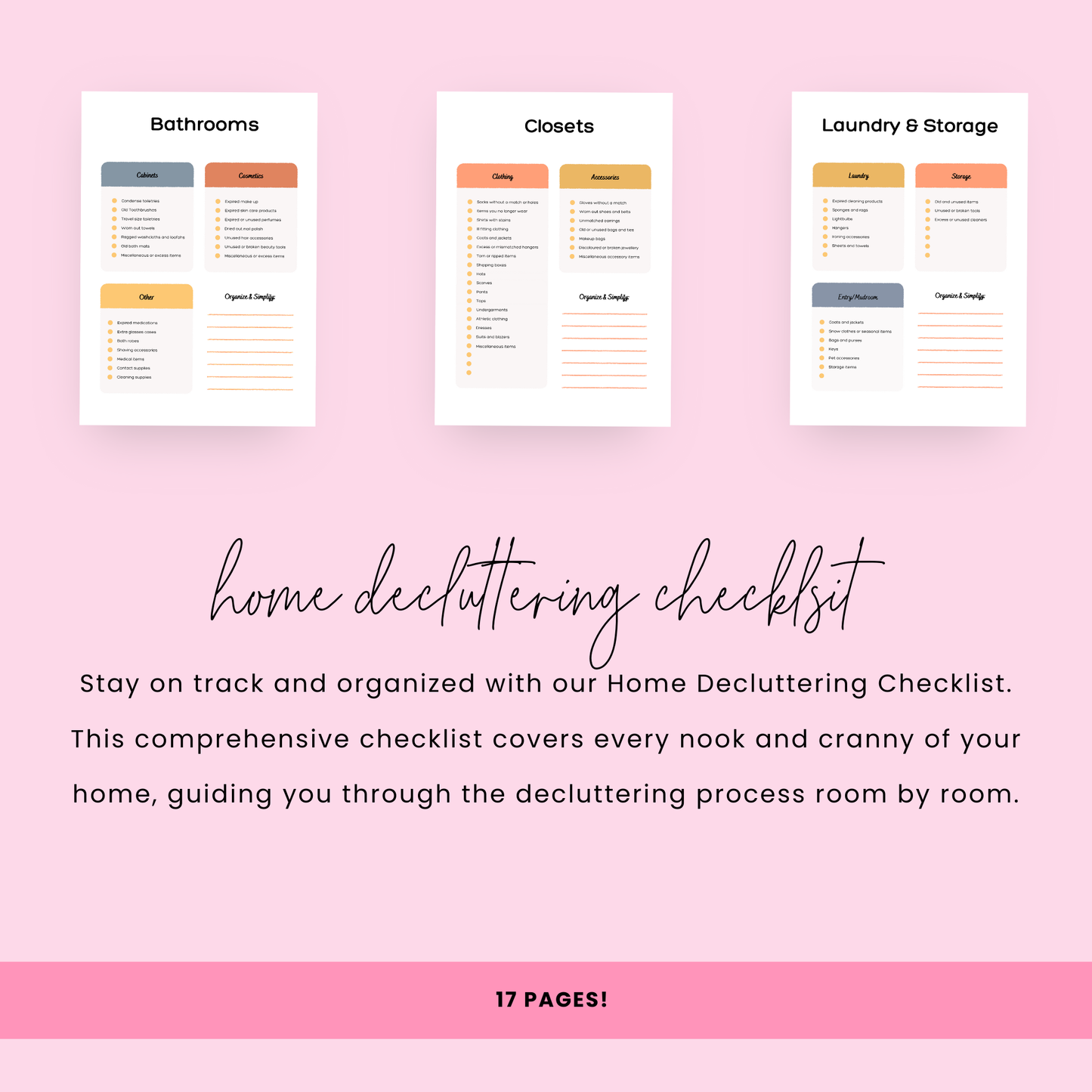 Printable Decluttering Guide with 5-Box Method, decision guide, room-by-room checklist, and 30-day program to transform your home from chaotic to organized