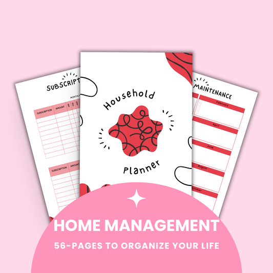 Comprehensive Home Management Planner with 56 printable pages showing detailed cleaning checklists, budget templates, home maintenance trackers, meal planning systems, family schedules, and project management sheets designed as a complete household organization solution.