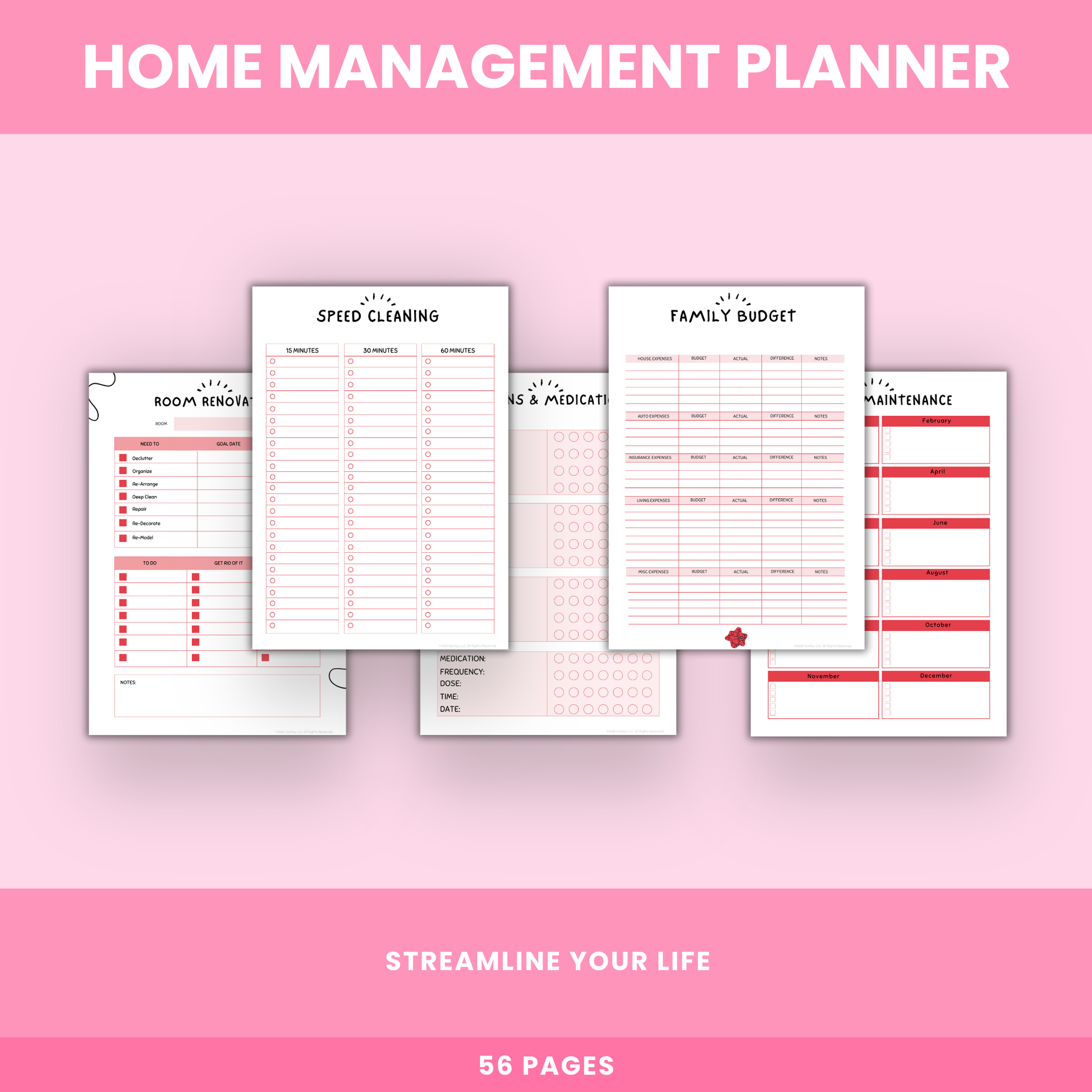 Comprehensive Home Management Planner with 56 printable pages showing detailed cleaning checklists, budget templates, home maintenance trackers, meal planning systems, family schedules, and project management sheets designed as a complete household organization solution.