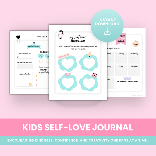 Printable Kids Self-Love Journal with colorful pages for confidence, kindness, and mindfulness activities