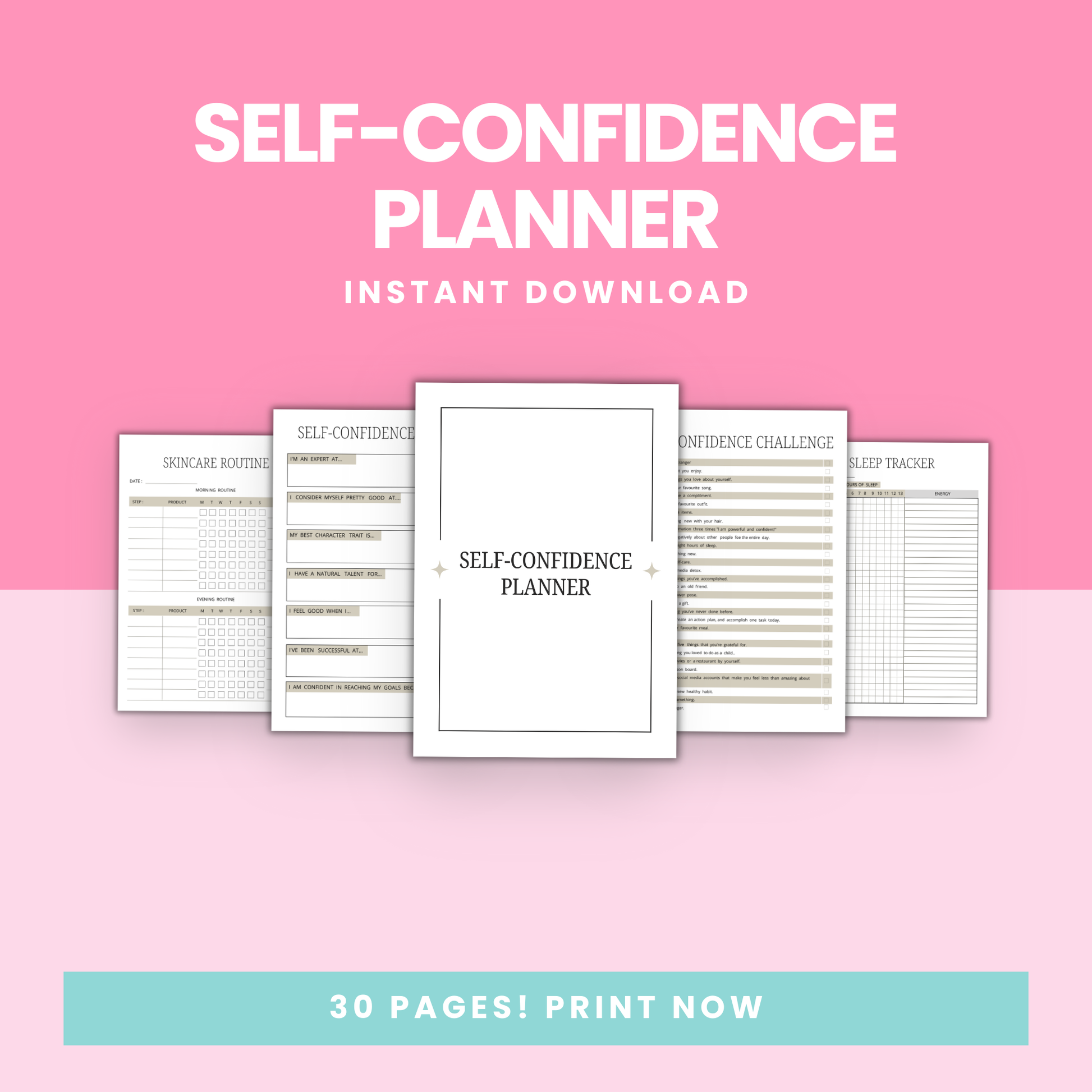Printable Self-confidence planner: Stay positive & motivated through gratitude, affirmations, and happiness lists.