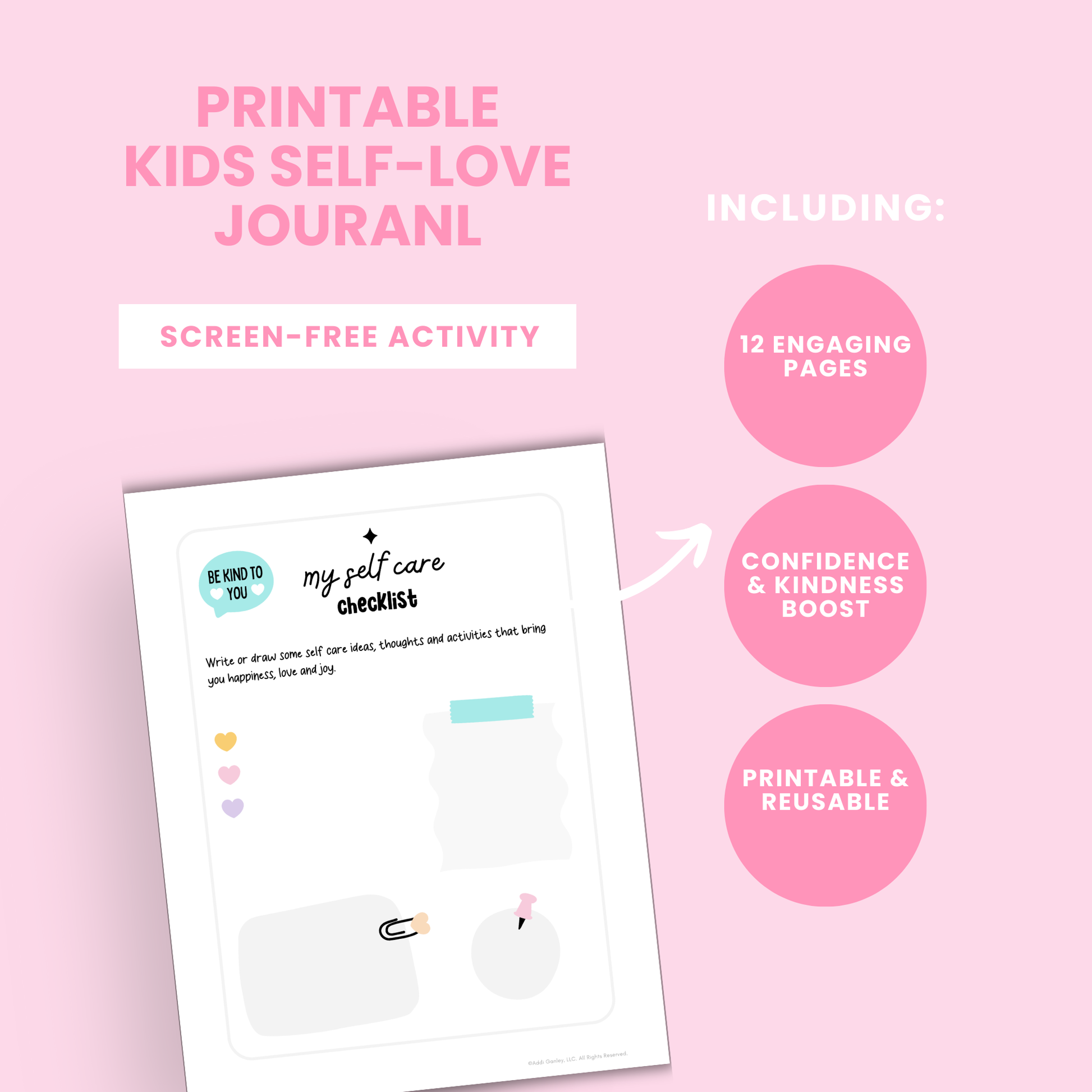 Children’s self-love journal PDF including affirmations, vision board, self-care checklist, and daily prompts