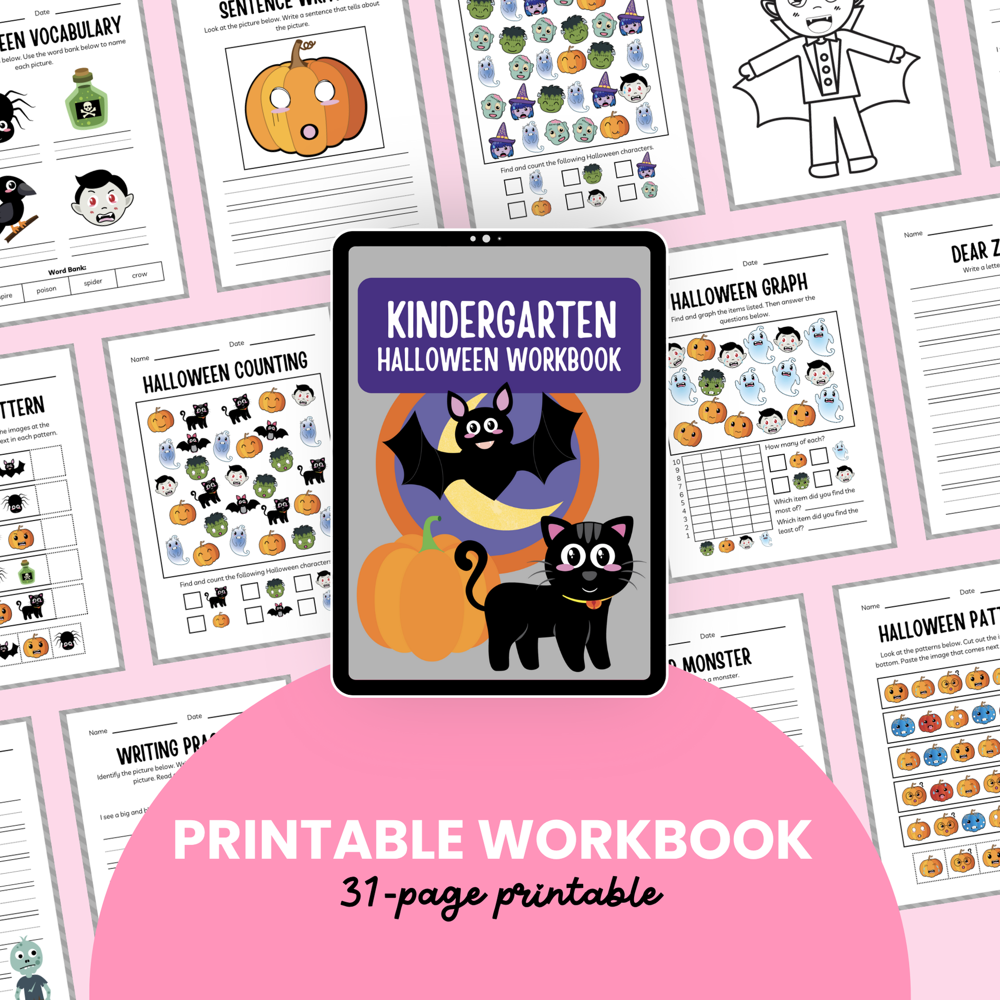 Printable Kindergarten Halloween Workbook – 31 fun educational pages for kids