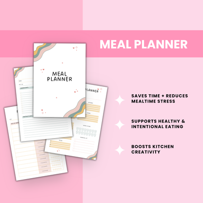 Meal Planner Template with weekly and daily meal planning pages, grocery lists, recipe cards, and a food inventory tracker — perfect for organizing your weekly dinner menu and meal prepping