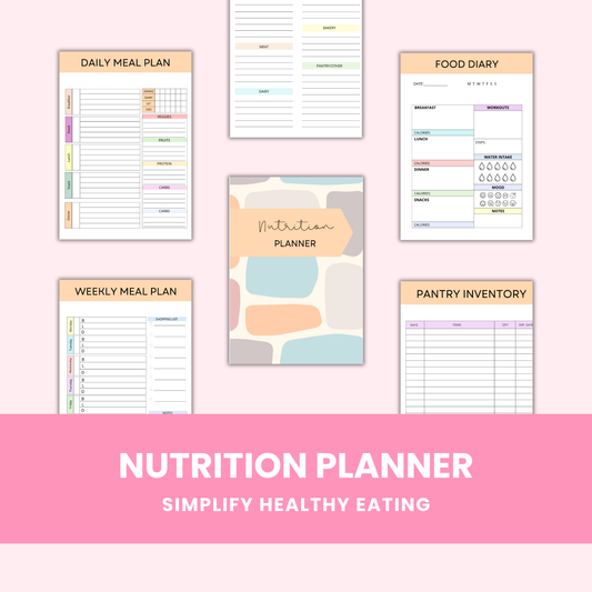 Comprehensive printable nutrition planner featuring goal-setting pages, food trackers and recipe organizers for complete meal planning system