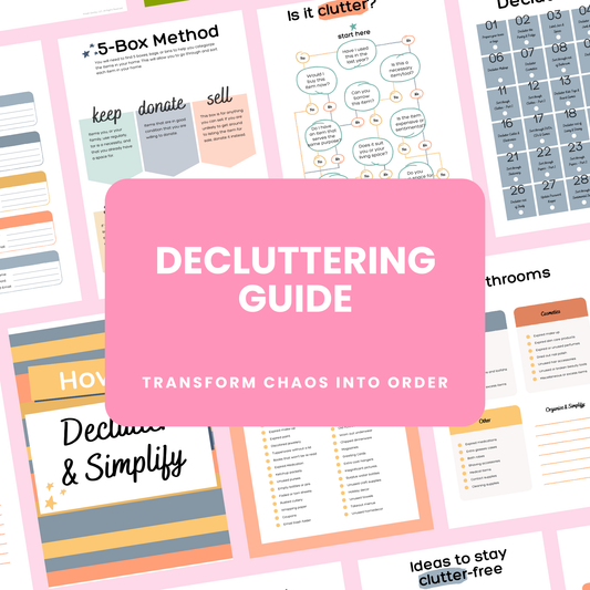 Printable Decluttering Guide with 5-Box Method, decision guide, room-by-room checklist, and 30-day program to transform your home from chaotic to organized