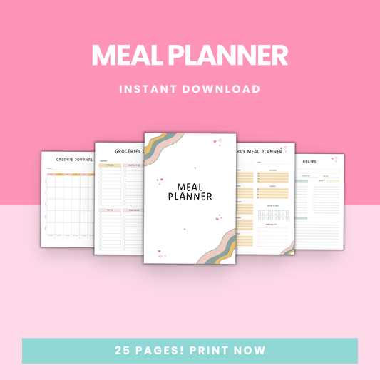 Meal Planner Template with weekly and daily meal planning pages, grocery lists, recipe cards, and a food inventory tracker — perfect for organizing your weekly dinner menu and meal prepping