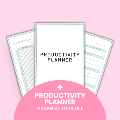 Comprehensive Productivity Planner featuring 50 printable pages including goal planners, habit trackers, meal planning templates, workout trackers, financial planning sheets, and gratitude journals designed as a complete system to organize your life and boost productivity.