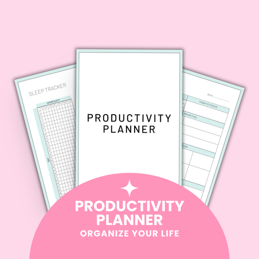 Comprehensive Productivity Planner featuring 50 printable pages including goal planners, habit trackers, meal planning templates, workout trackers, financial planning sheets, and gratitude journals designed as a complete system to organize your life and boost productivity.