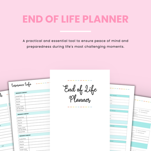 Printable End of Life Planner with 25 comprehensive pages for organizing important information, passwords, accounts, and final wishes for peace of mind and family support during difficult times