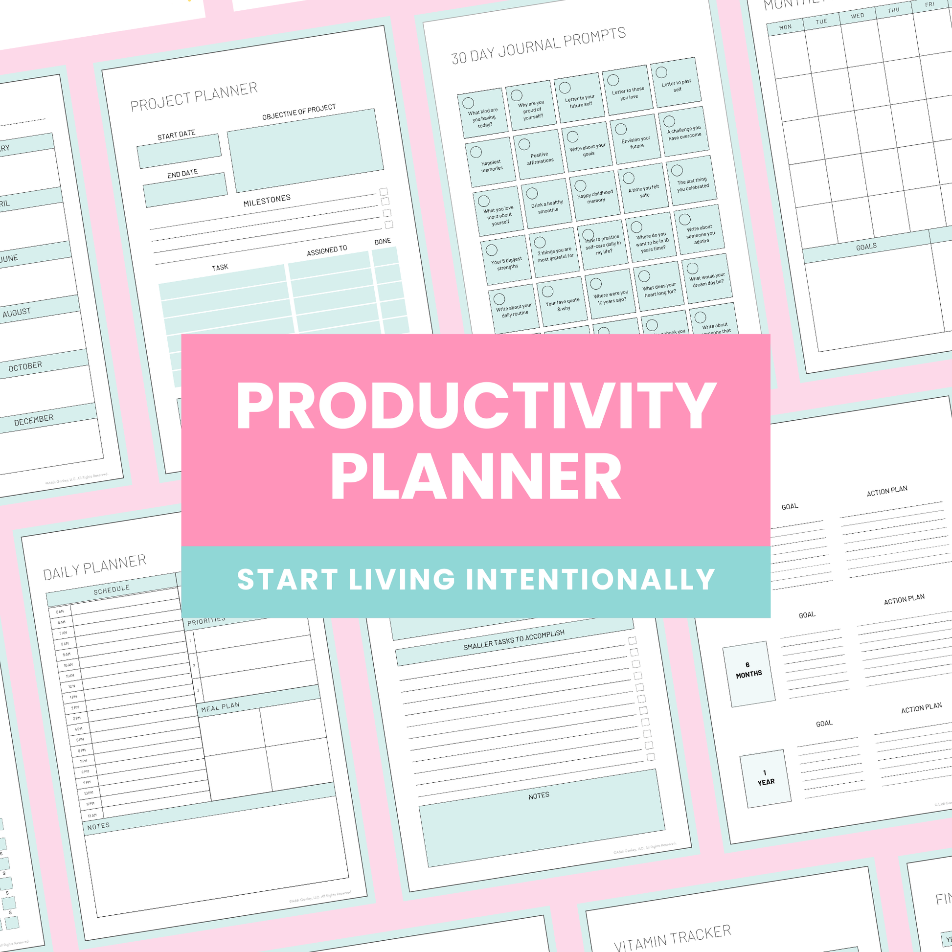 Comprehensive Productivity Planner featuring 50 printable pages including goal planners, habit trackers, meal planning templates, workout trackers, financial planning sheets, and gratitude journals designed as a complete system to organize your life and boost productivity.