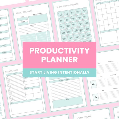 Comprehensive Productivity Planner featuring 50 printable pages including goal planners, habit trackers, meal planning templates, workout trackers, financial planning sheets, and gratitude journals designed as a complete system to organize your life and boost productivity.