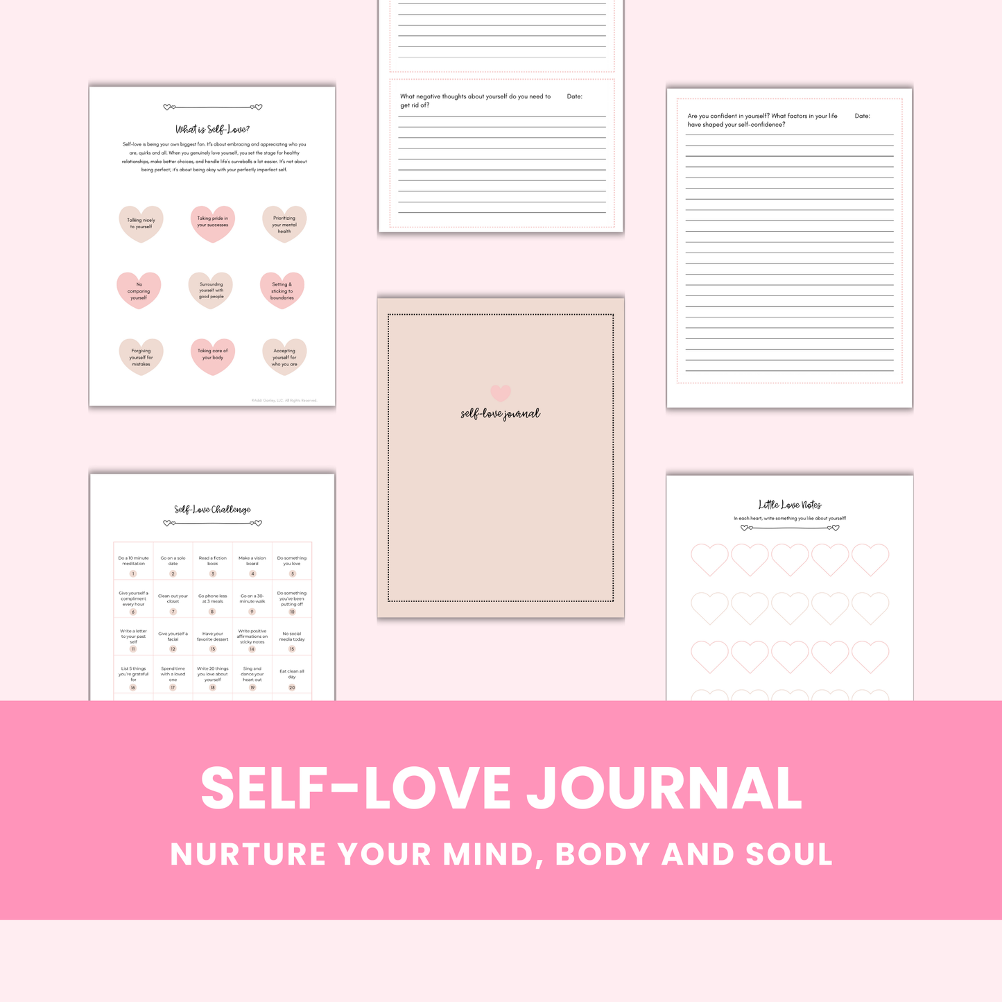 37-page Printable Self-Love Journal featuring colorful templates including 53 journal prompts, self-care routines, self-love challenge tracker, and personal love notes sections designed to foster self-discovery and build self-compassion through guided journaling practices