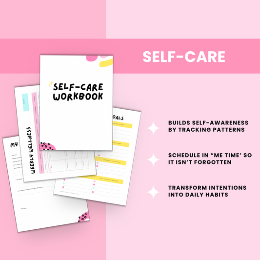 Printable Self-Care Workbook featuring 28 pages of wellness templates including monthly self-care goals, weekly beauty routines, workout plans, mood trackers, and self-care ideas designed to help users reduce stress and create consistent self-care habits