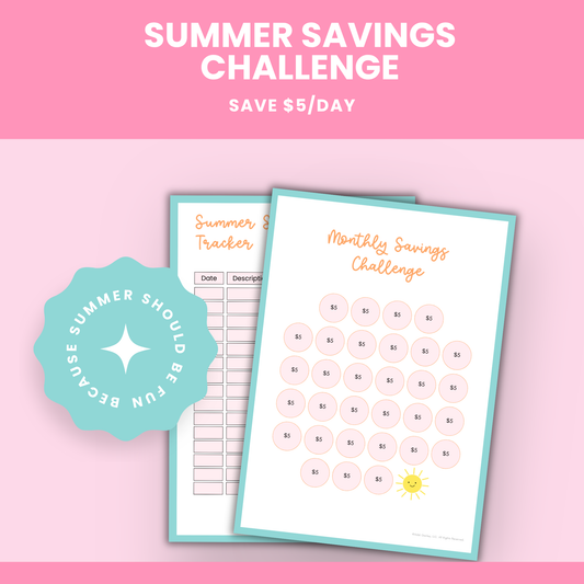 A printable Summer Savings Challenge worksheet showing a $5/day savings plan and a savings tracker to log daily savings progress.